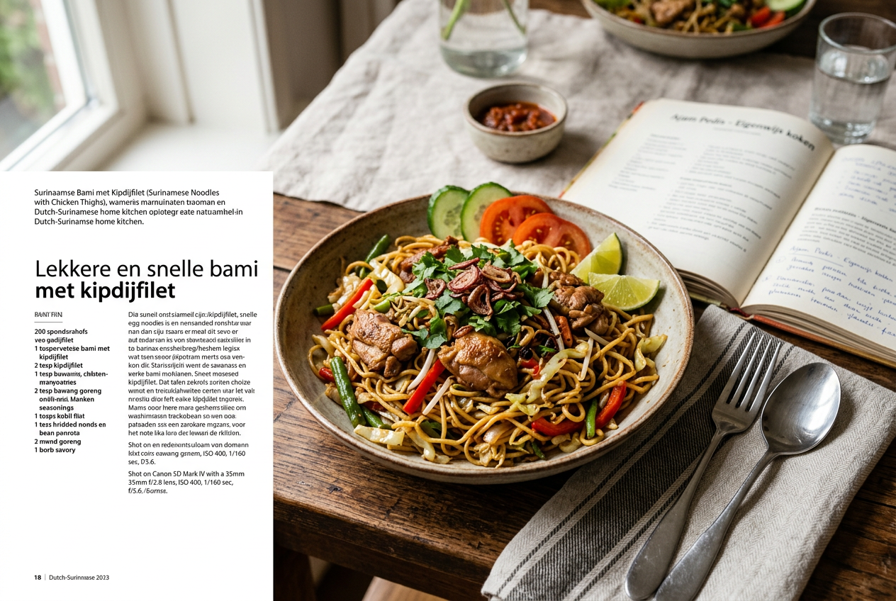 Page: Ajam Pedis - Eigenwijs koken. Slot: lekkere en snelle bami met kipdijfilet. Context: Surinaams