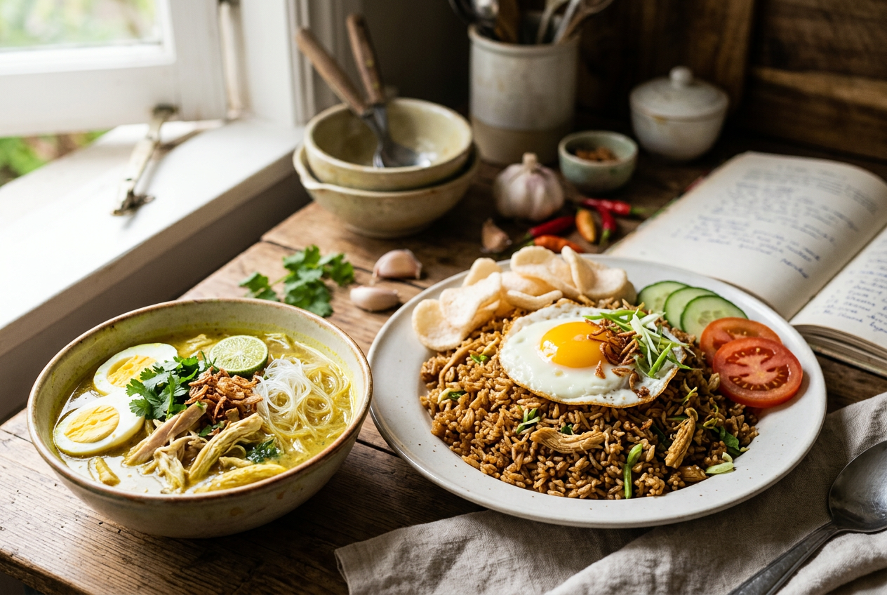 Page: Nasi Goreng - Het traditionele Indonesische recept met kip. Slot: soto ajam. Context: Indonesi