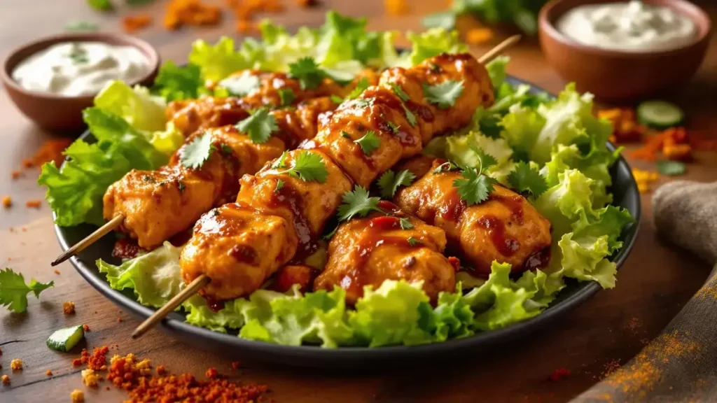 Tikka Masala Kipspiesjes: gemarineerde kipsatés in een rijke tikka masala saus